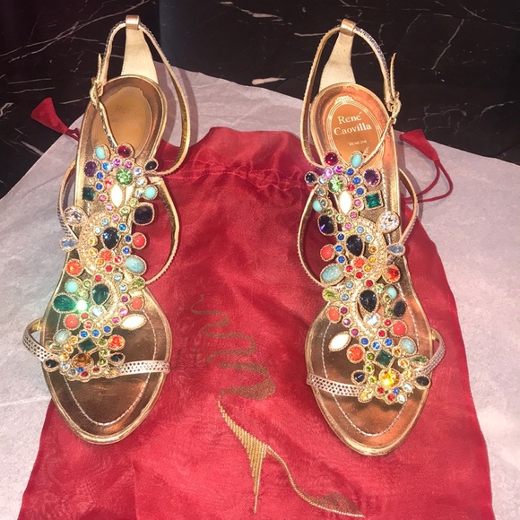 Rene Caovilla Shoes - Rene Caovilla Gold Sandals with Vibrant Gemstones